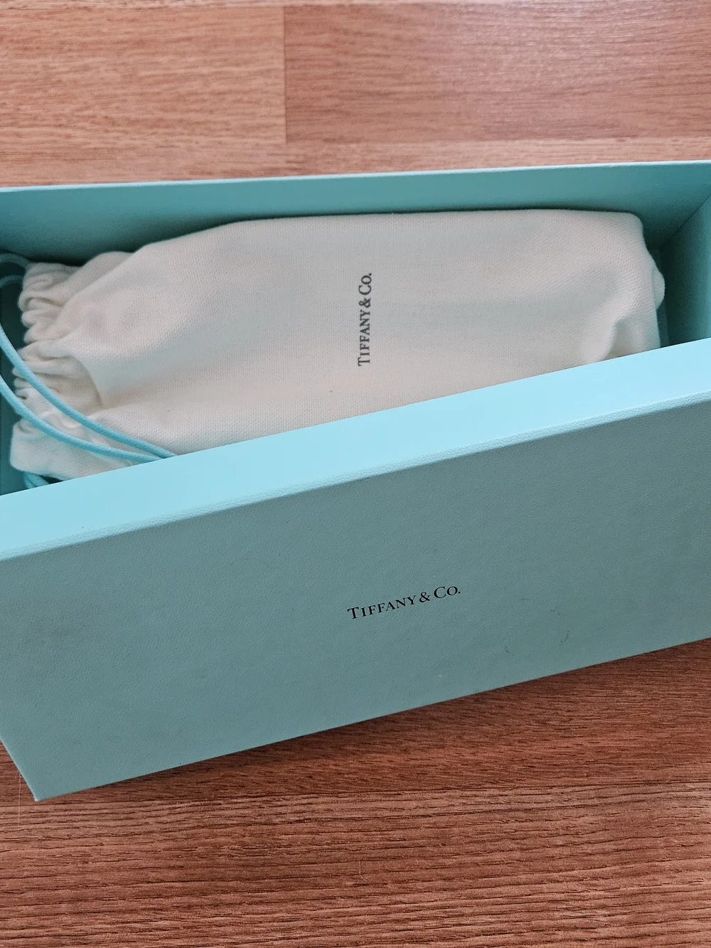 Tiffany & Co. Blue Jewelry Box with White Drawstring Pouch